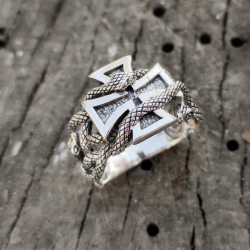 Iron Cross and Snakes Ring