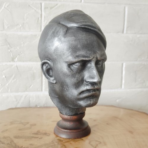 Adolf Hitler Bust Statue Desk Ornament, Polyresin Silver Matte - Wood Low Column Base