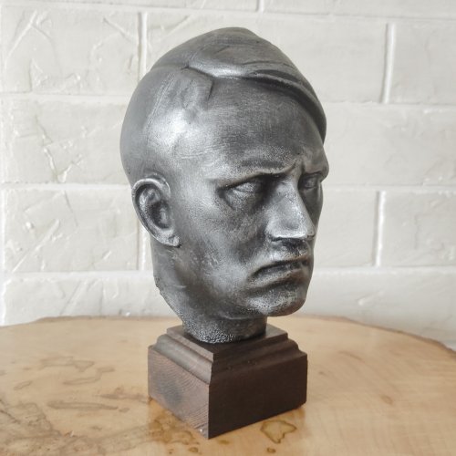 Adolf Hitler Bust Statue Desk Ornament, Polyresin Silver Matte - Wood High Rectangle Base